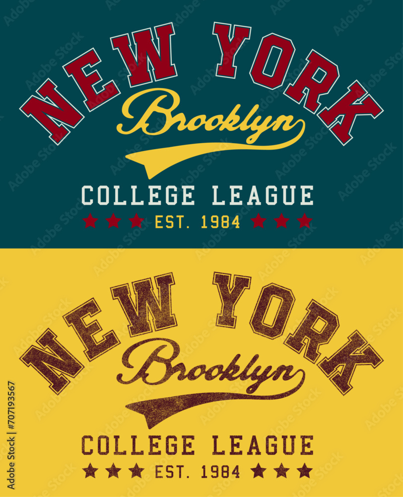 New York, Brooklyn typography for clothes design. Graphics for print products, t-shirt with grunge, and vintage sports apparel. Champions of college league. Vector illustration.