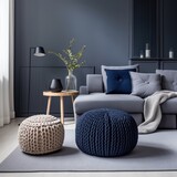 Living Room With Gray Couch and Blue Pillows - Modern, Cozy, and Stylish Home Decor. Scandinavian home interior design of modern living home.