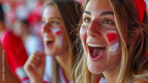 Close-up of Young English Polish Women Soccer Supporters Cheering in Stadium with Red and White Face Paint During European Football Tournament photo