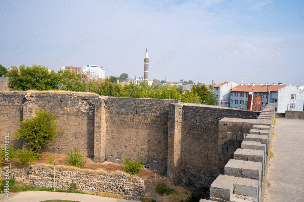Walls of Diyarbakir city. The Fortifications of Diyarbakir are a set of fortifications enclosing the historical district of Sur in Diyarbakir.