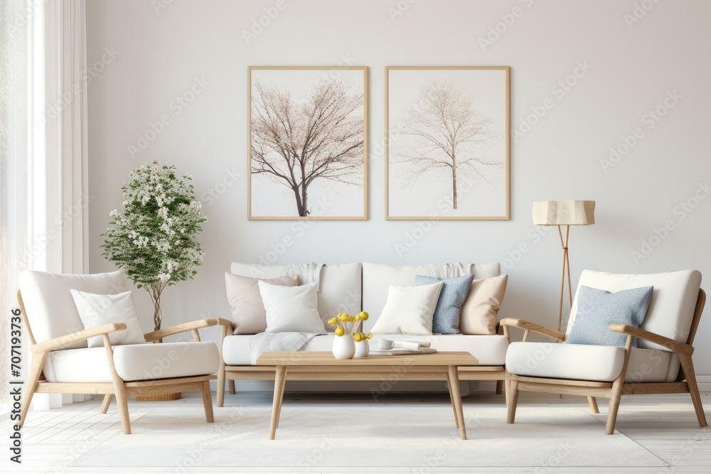 Obraz premium White Furniture Living Room With Wall Paintings. Scandinavian home interior design of modern living home.