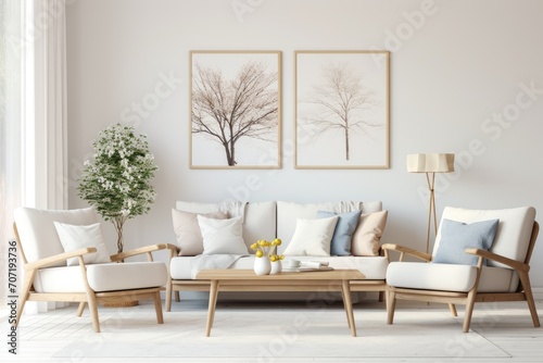 White Furniture Living Room With Wall Paintings. Scandinavian home interior design of modern living home.