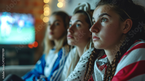 Close-up of Young English Women Soccer Supporters Watching European Tournament Match on TV, Expressing Hope and Anticipation, Intense Football Fan Emotion, Sports Enthusiasm in Home Setting photo