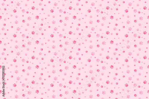 Pink Cat Or Dog Paw Pattern Background. Wallpaper. Vector Illustration. Valentine's Day. Animal. Backdrop