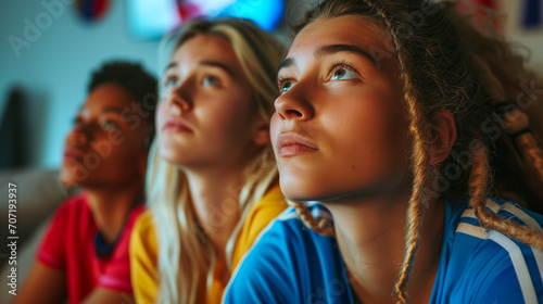 Intense Excitement and Hope of Young French Women Soccer Supporters Watching European Tournament Match on TV - Close-Up Emotional Expression, Anticipation, and Passion in Sports Viewing