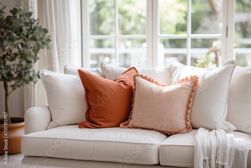 White Couch With Orange and White Pillows. Scandinavian home interior design of modern living home.
