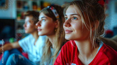 Excited Young Female Soccer Fans in Jerseys Watching Tournament on TV: Close-Up of Hopeful Expressions and Anticipation, Living Room Couch Setting