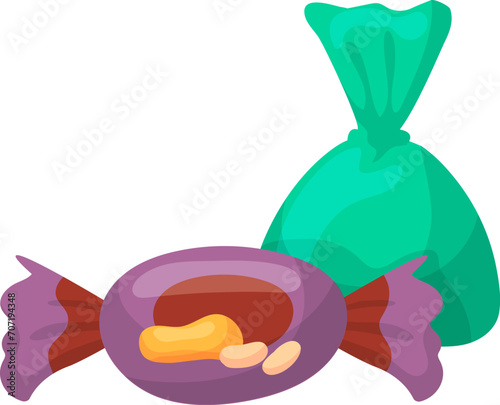 Candy in purple wrapper with a green candy bag. Sweet treat and colorful conf...