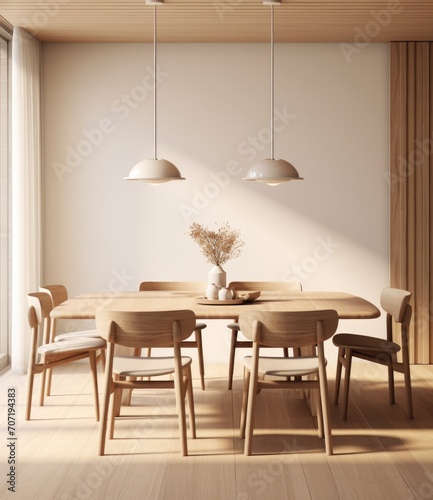 Dining Room Table and Chairs in a Simple and Inviting Space. Scandinavian home interior design of modern living home.