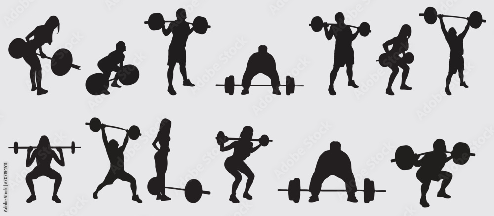Collection of weight lifting silhouettes. Set of male and female weightlifting silhouette. 