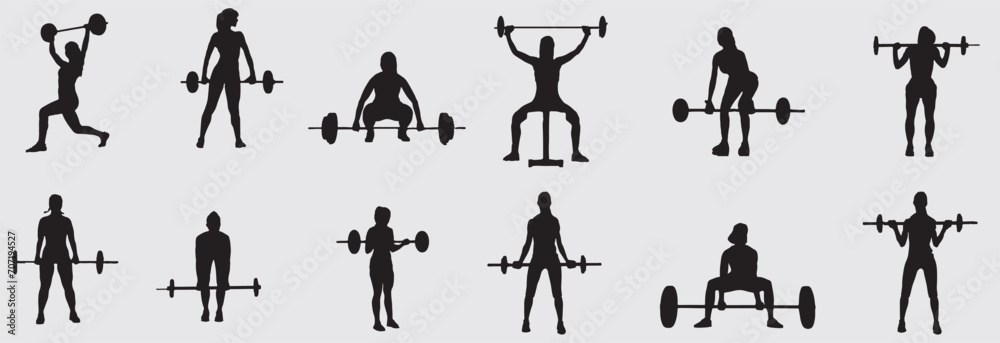 Collection of weight lifting silhouettes. Set of male and female weightlifting silhouette. 