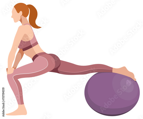 vector illustration of a beautiful slim girl in sportswear (leggings and a sports bra) doing fitness, sports, working out, doing exercises with a fitness ball isolated on a white background.