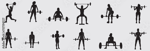 Collection of weight lifting silhouettes. Set of male and female weightlifting silhouette. 