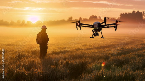 Agricultural Drone Technology in Field at Sunrise Precision Farming