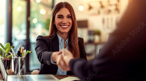 Professional Woman Handshaking at Job Interview in Modern Office © ciprian