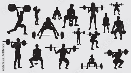 Powerlifting bodybuilding silhouette vector illustration set. collection of weight lifter, weight lifting on isolated background. 
