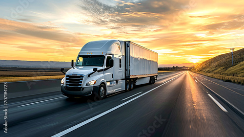 Semi Truck Driving on Open Highway at Sunrise Logistics Theme