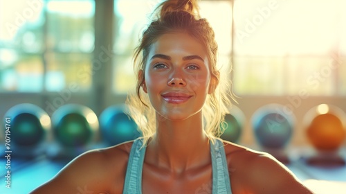 Fitness girl exercising happy in gym with fitness ball in background