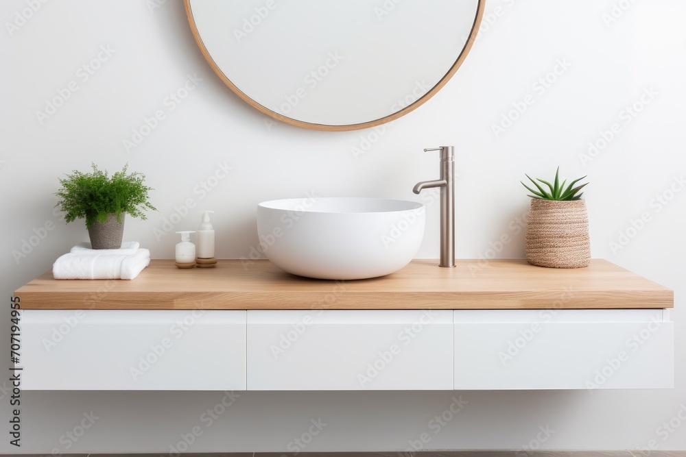 Round Mirror Above Sink in Bathroom. Scandinavian home interior design of modern living home.