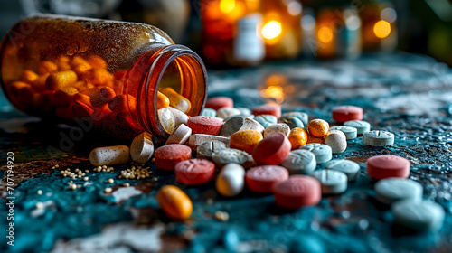 Prescription Medication Dependency, Spilled Pills and Bottle photo