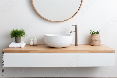 Round Mirror Above Sink in Bathroom. Scandinavian home interior design of modern living home.