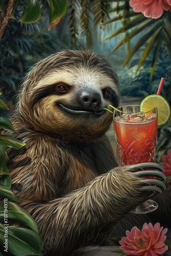 close-up of a sloth drinking a cocktail