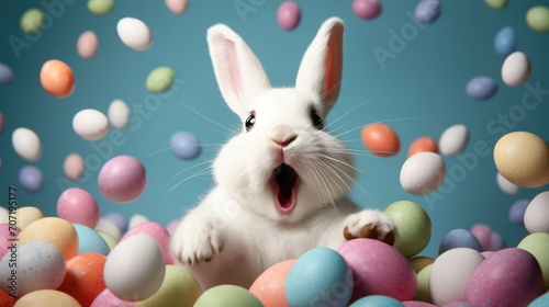 white bunny is jumping away from colorful eggs.
