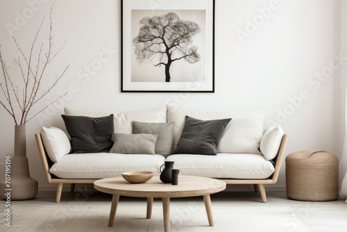Modern Living Room With White Couch and Coffee Table. Scandinavian home interior design of modern living home.