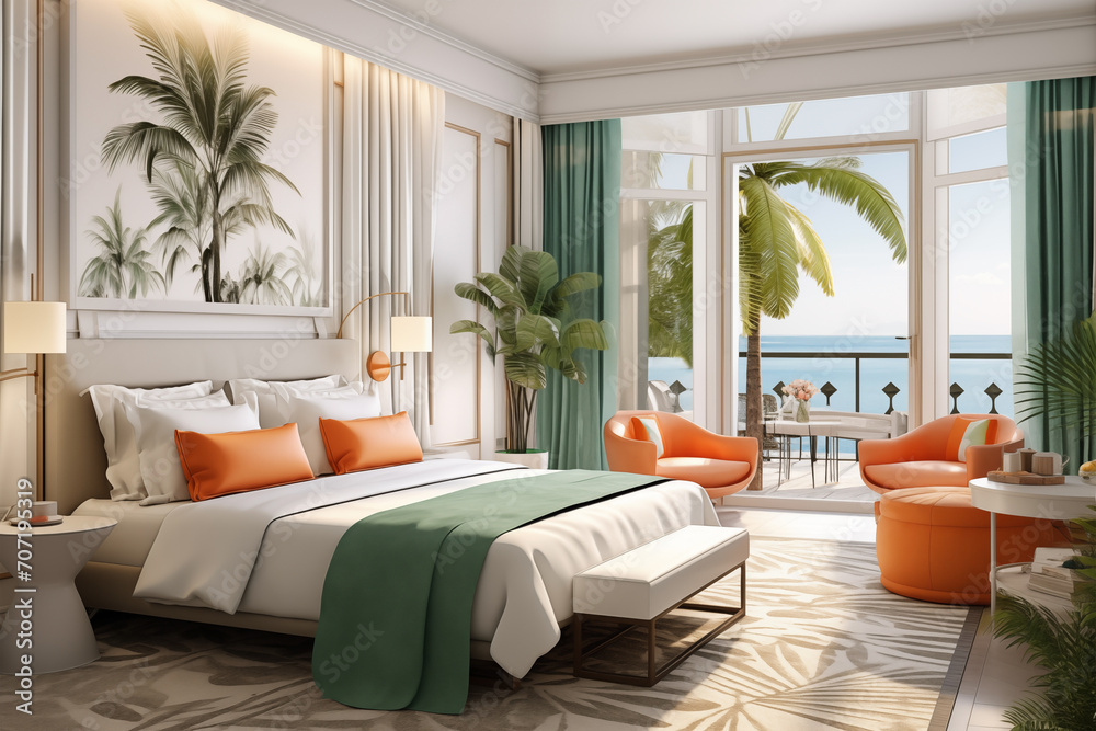 The design of the bedroom with bright orange and beige nuance with a spacious room. Modern minimalist bedroom interior design. Aesthetic luxury room decoration and unique furniture and eye-catching