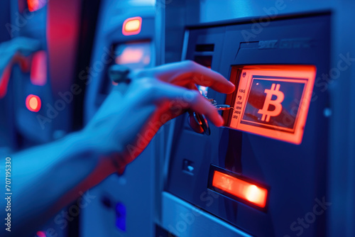 Close-up of a person using a Bitcoin ATM.