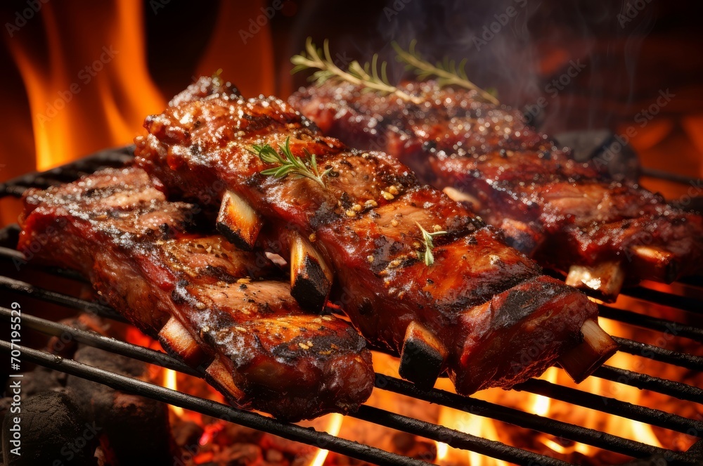 Savory Grilled ribs bbq. Fire pork beef. Generate Ai Savory Grilled ribs bbq. Fire pork beef. Generate Ai