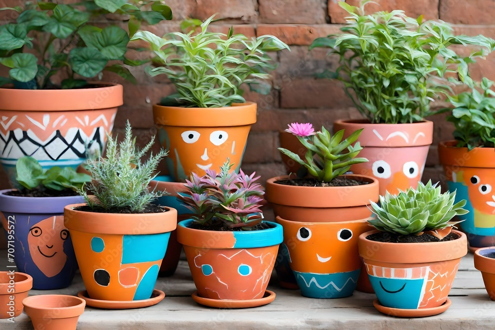 A DIY terracotta painting activity, transforming plain pots into colorful planters with imaginative designs. A DIY terracotta painting activity, transforming plain pots into colorful planters with imaginative designs.