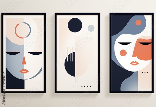 Fototapeta Naklejka Na Ścianę i Meble -  Geometric woman abstract face artwork, three picture frame collection set on wall, minimal style home wall hanging decor, mockup idea, Generative Ai