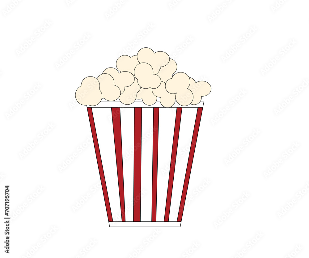 Popcorn in red and white striped box vector illustration. Cinema icon in flat style. Snack food. Big red white strip box. Popcorn in red and white striped box vector illustration. Cinema icon in flat style. Snack food. Big red white strip box.