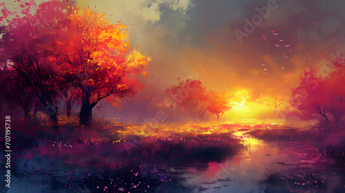 A vibrant masterpiece of nature's beauty, as a lone tree stands tall in a vast field, surrounded by crystal blue waters and framed by fluffy clouds, captured in a stunning outdoor painting