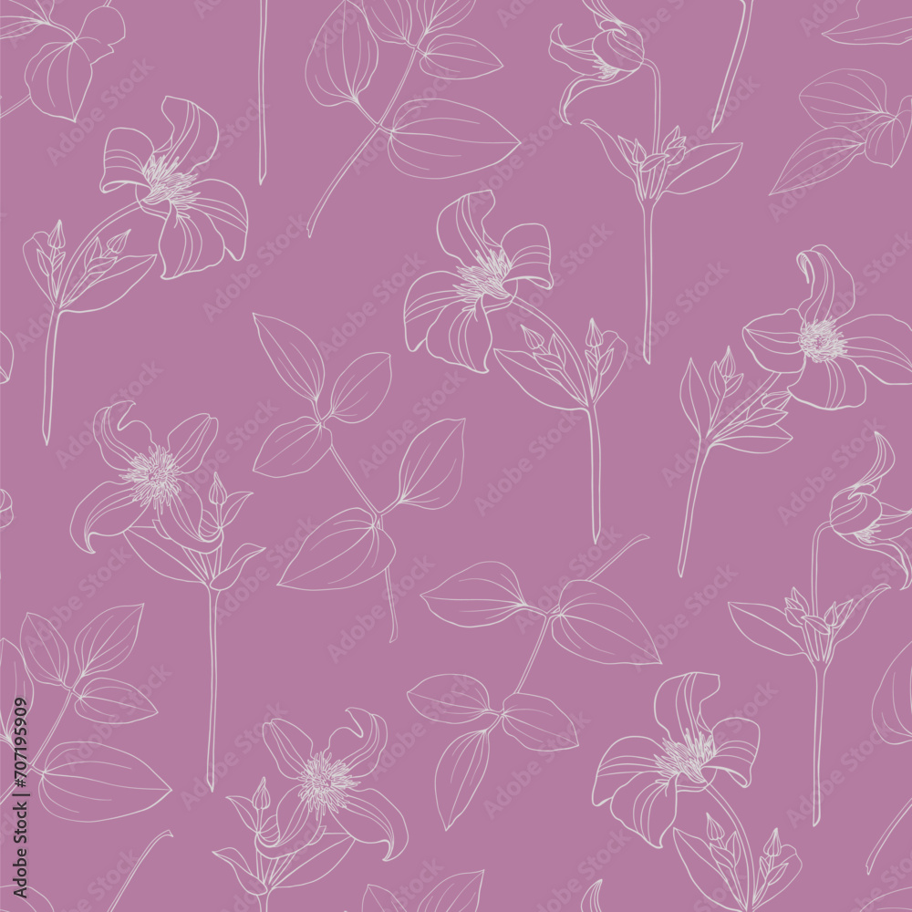 Linear flowers of clematis white on pink background. Hand drawn elements. Elegant floral vector seamless pattern for design packaging textile wallpaper fabric