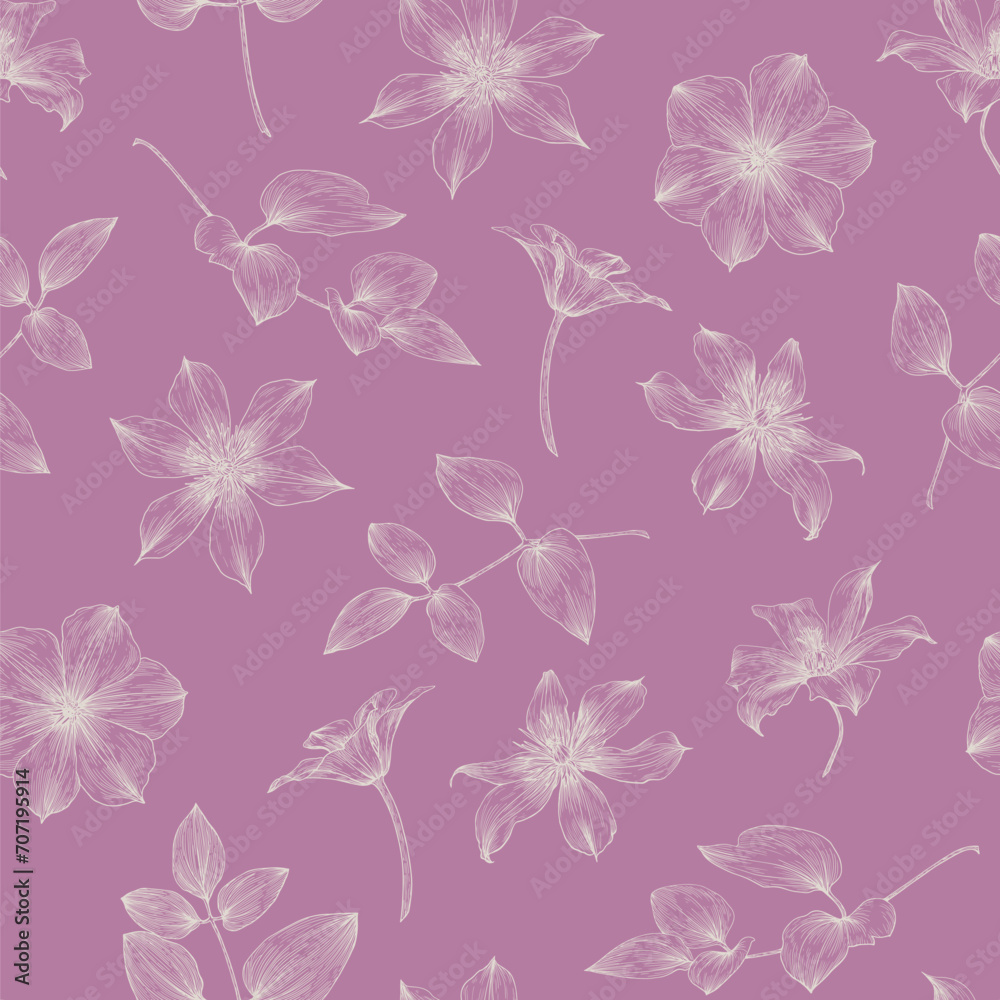 Elegante flowers of clematis white on pink background. Hand drawn elements. Vintage floral vector seamless pattern for design packaging textile wallpaper fabric