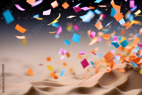 Confetti de carnaval festa comemoração coloridos caindo e voando sobre a areia da praia photo