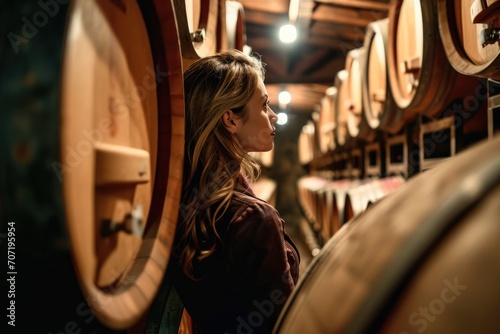 Renowned female sommelier in a wine cellar, evaluating fine wines with a background of oak barrels and vintage collections. photo