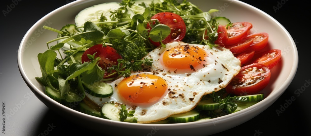 breakfast menu of fried eggs, topped with tomatoes and cucumbers, with a coffee photo background. Top view. Healthy diet breakfast breakfast menu of fried eggs, topped with tomatoes and cucumbers, with a coffee photo background. Top view. Healthy diet breakfast