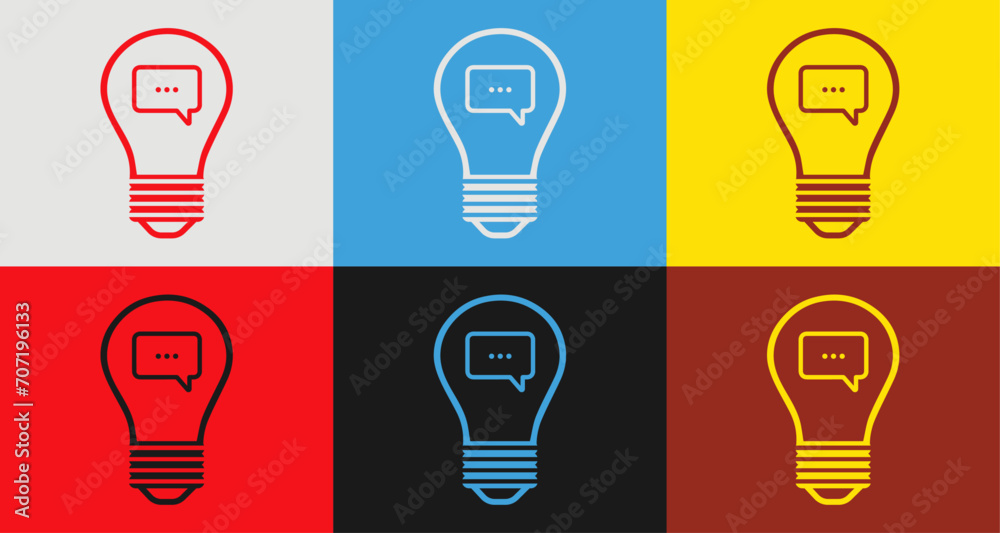 Colorful light bulb and speech bubble icons set in 6 colors for vibrant designs, light bulb and speech bubble Isolated on background Colorful light bulb and speech bubble icons set in 6 colors for vibrant designs, light bulb and speech bubble Isolated on background