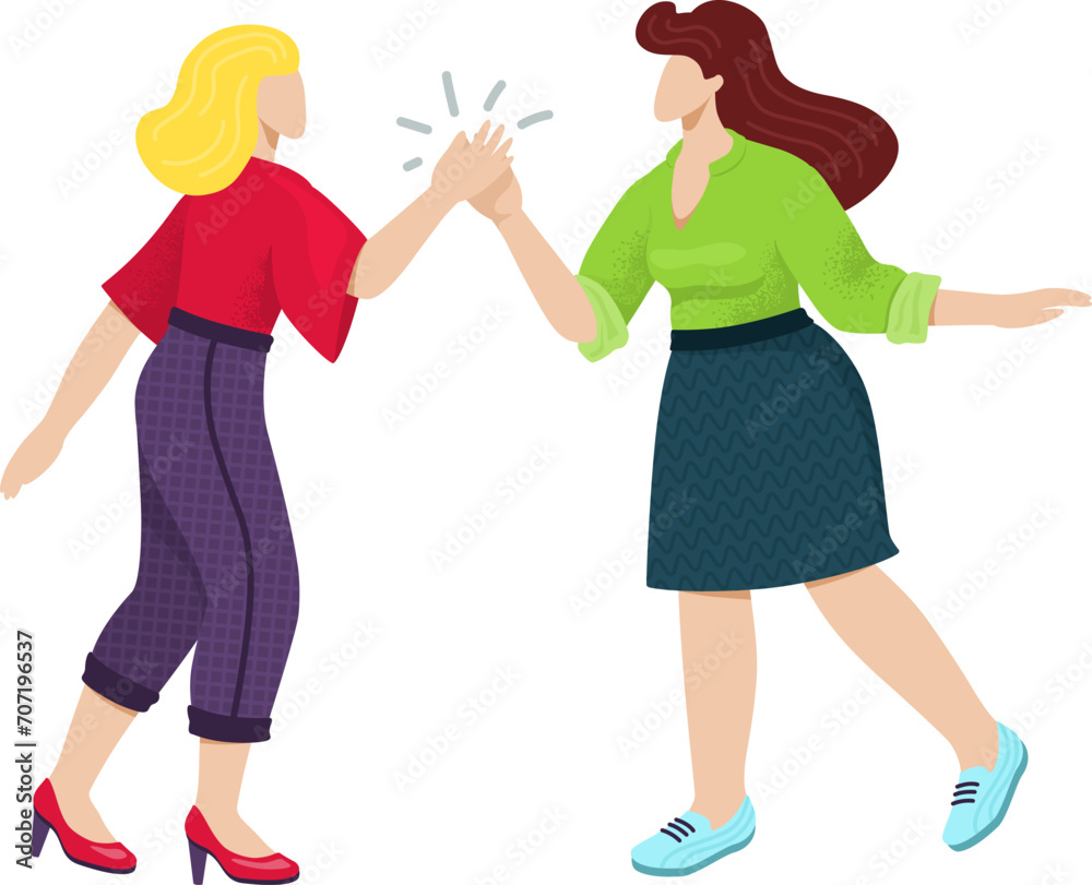 Two women in casual clothes giving high five. Friends or colleagues celebrate success. Happy female teamwork and friendship vector illustration. Two women in casual clothes giving high five. Friends or colleagues celebrate success. Happy female teamwork and friendship vector illustration.