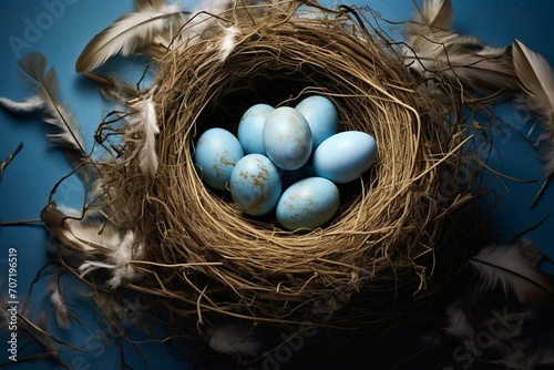 Nest containing eggs and feathers against blue backdrop. Generative AI