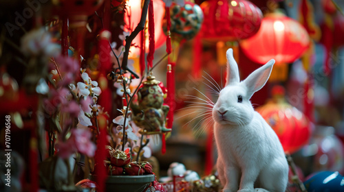 white rabbit in the cina town with lunar new years decoration background. AI Generative photo