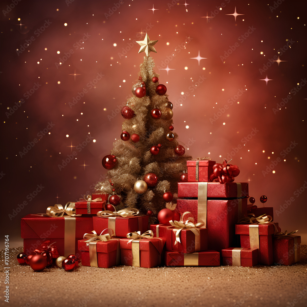 Enchanting holidays: bright red background, New Year's magic and warmth, created by AI
