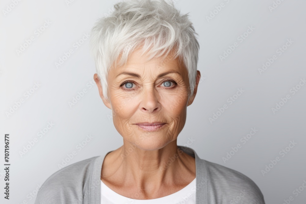Close up portrait of senior woman looking at camera, over grey background Close up portrait of senior woman looking at camera, over grey background