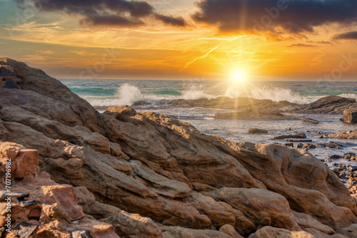 coastline rocks and waves, on Ballito Bay, Durban, south africa
