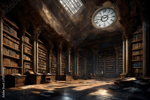 In the heart of the forgotten city  a weathered timepiece sits within the remains of a grand library.  