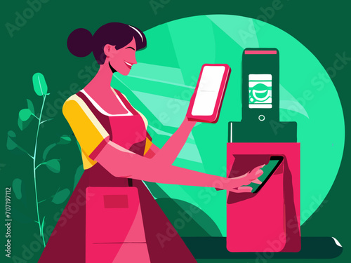 female customer makes a contactless payment using her smartphone to the shop owner's POS terminal
