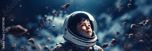 Obraz na płótnie Little boy in spacesuit and astronaut costume in space watches meteorites and stars